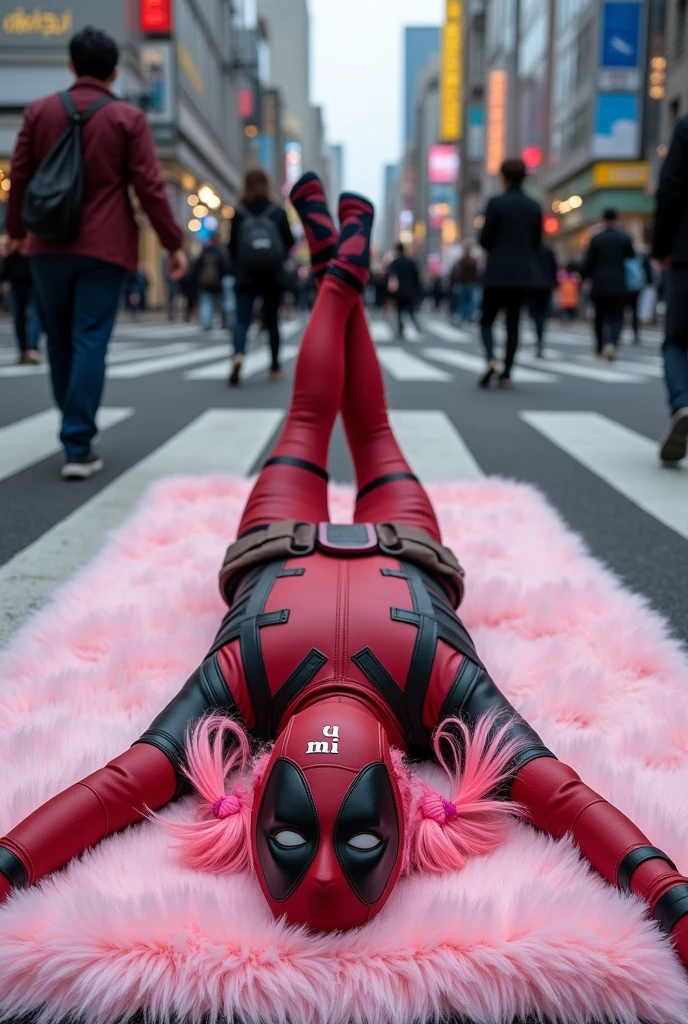 ((Highest quality)), ((masterpiece)), (photograph), (((from above))), ((40 years old)), ((Japanese women)), ((Deadpool costume and mask)), (((The word &quot;mu mi&quot; is written in white letters on the mouth.))), Deadpool woman with pink hair and twin tails, Lying on a fluffy pink bath mat at Tokyo&#39;s Scramble Crossing, Surrounded by passers-by, 