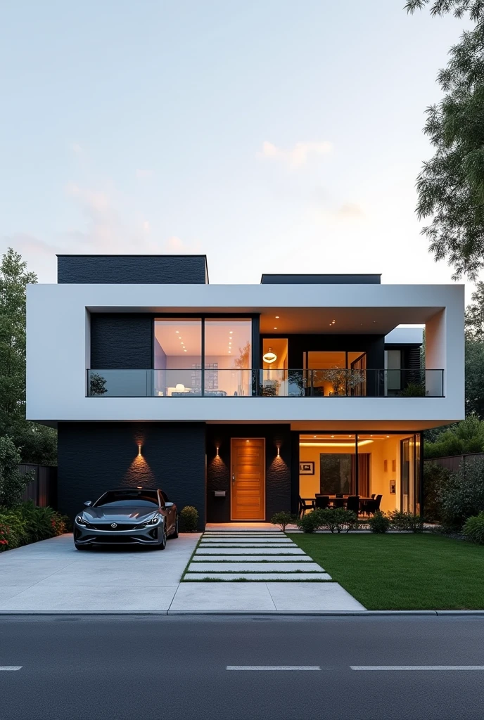 
a view of a modern home with a large front yard, main material by glossy white wall and black stone and wood, 1 road runs in front of the house, (RAW photo, real, best quality, masterpiece:1.2), look morden minimalist, 1 road in front of the house, shime ring light, light brighteness from indoor:1.2, dynamic lighting: 1.3, (hyper realistic, photo-realistic:1.2), high quality, day lighht, hight contrast :0.5 perfect lighting, archdaily, award winning contemporary, contemporary masterpiece