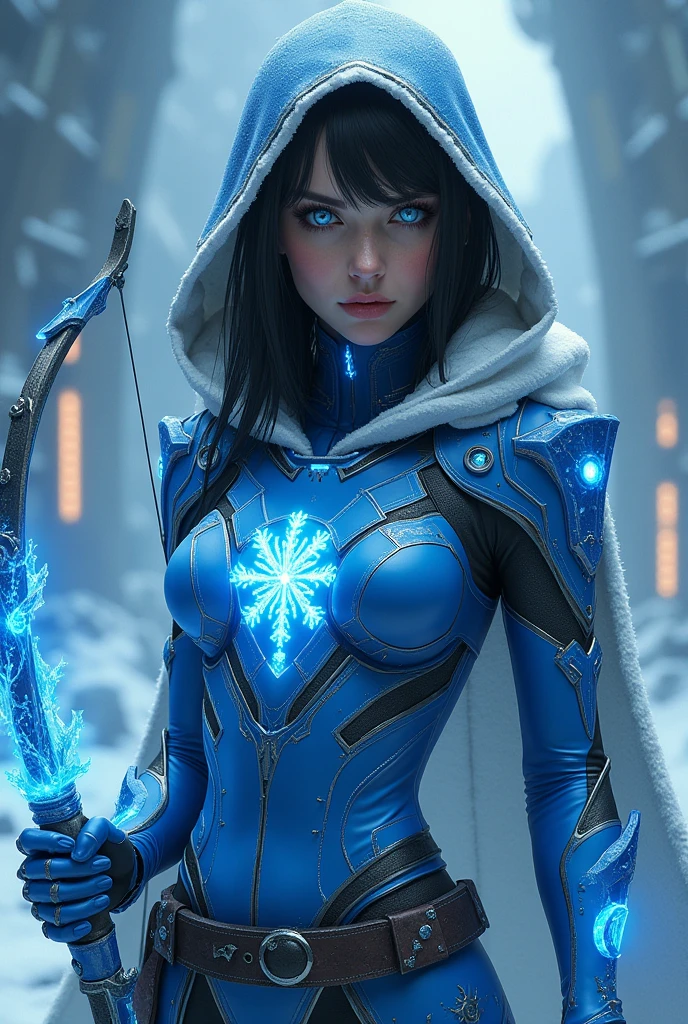 Woman, blue eyes, black hair, cuberpunk blue  iron costume, ice bow in hand cuberpunk, picture of a snowflake on the suit chest, cuberpunk blue cloak