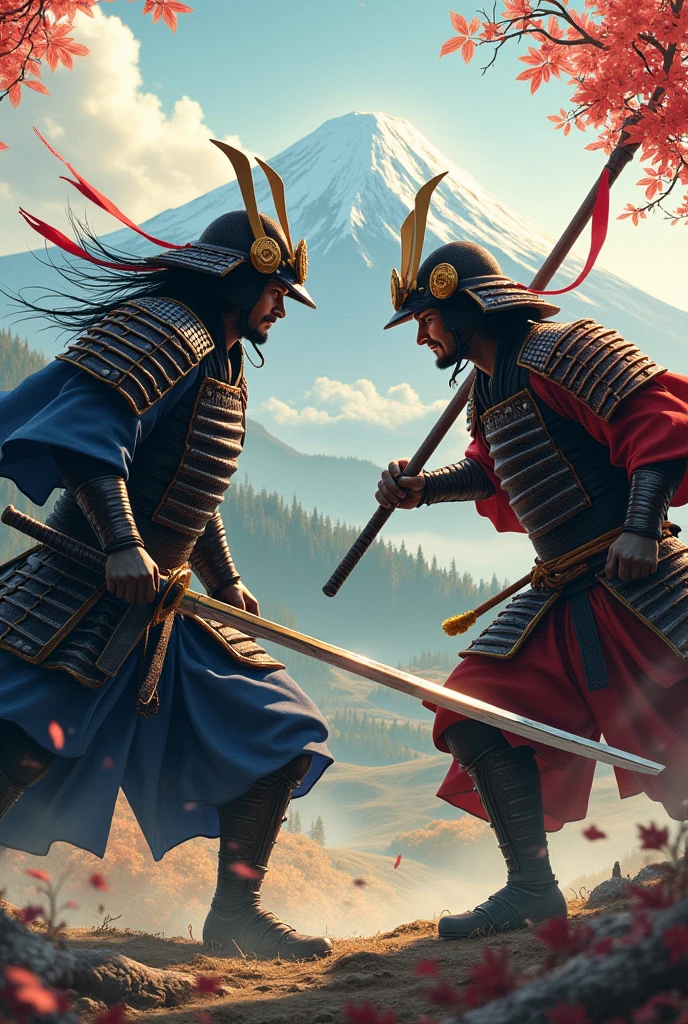 A battle between samurai: a samurai with a long sword and a samurai with a red spear