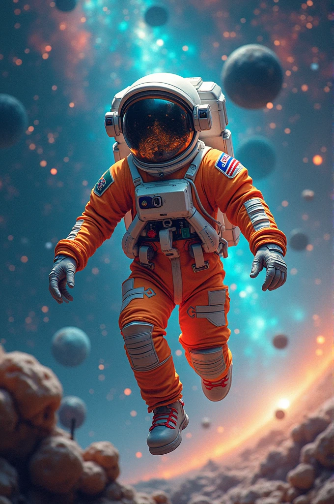 Joy of intensely dressed astronaut in space 