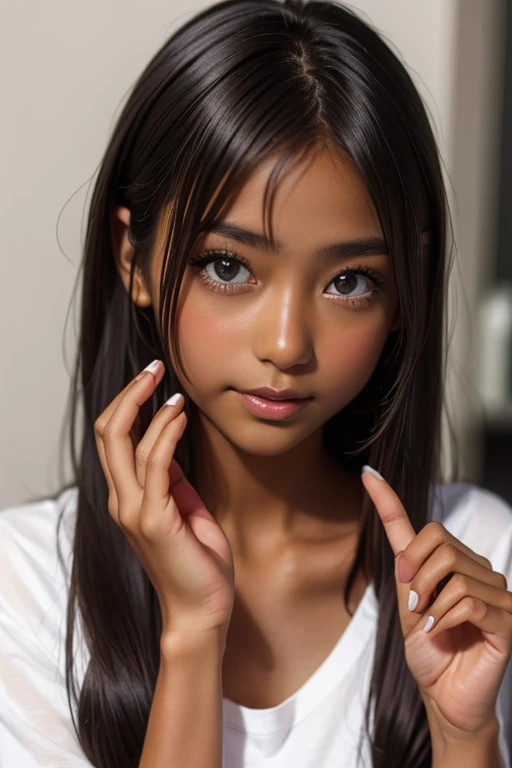 one girl, Put your hand over your mouth、Beautiful breasts、 Brown eyes, ((Gal Hairstyles)) blonde, girl, (Eye and facial details:1.0), break, (masterpiece, Highest quality, Very detailed, Detailed face, 8k),( dark skin:1.95 ), 唇を噛みしめる, 大きな胸, (((( ショートカット )))), 