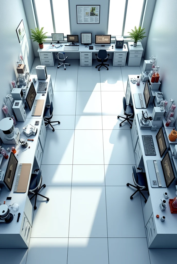 Create an analysis lab room in a realistic style with a 2D top view