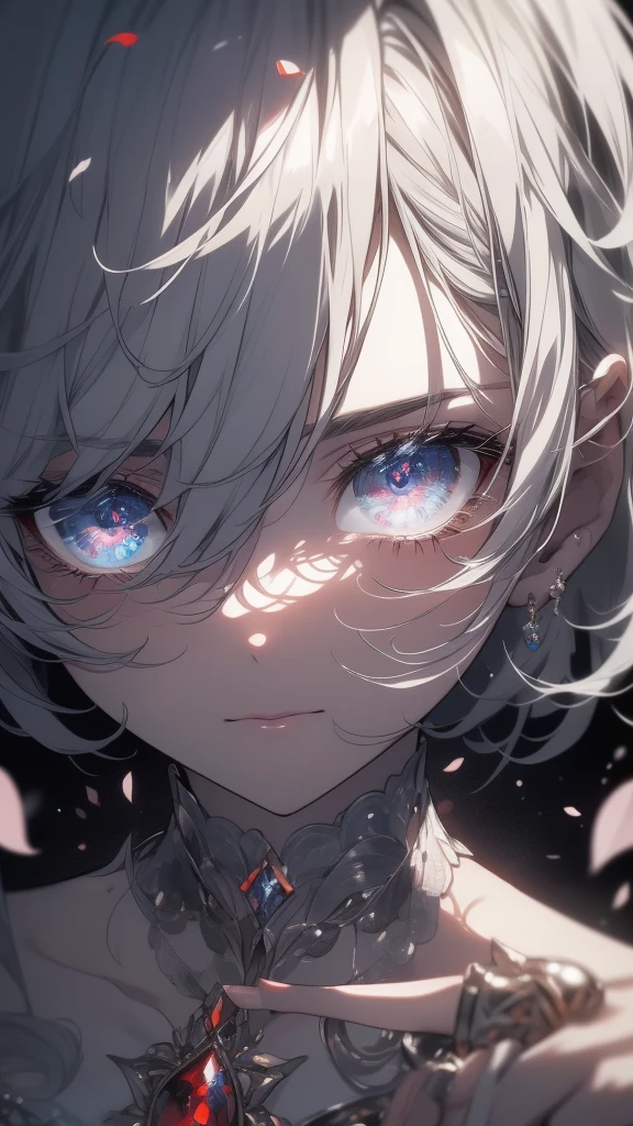 ((8k resolution))、((Highest quality))、((masterpiece))、((Very detailed))((((dramatic))), (((Rough feeling))), (((intense)))Clear Shadows、Vibrant, front,flower々background、Rich colors,Be confident,coil,scene,Boldness,to attract attention,Smart、tendency、I focus,Gray Hair,Short Bob