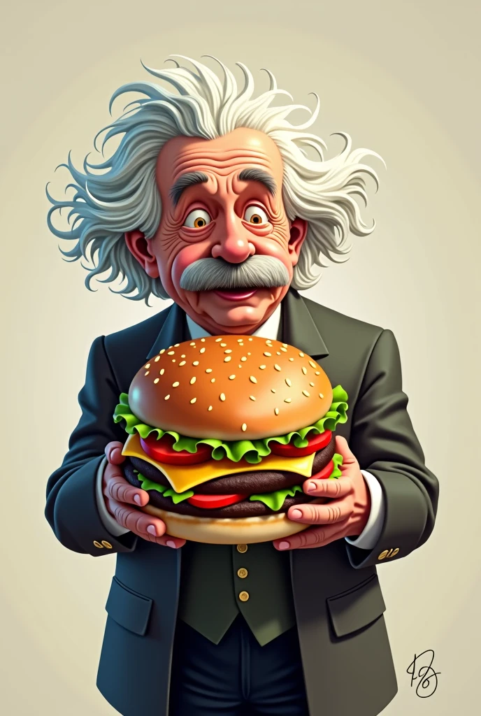 albert Einstein holds a big hamburger in his hands