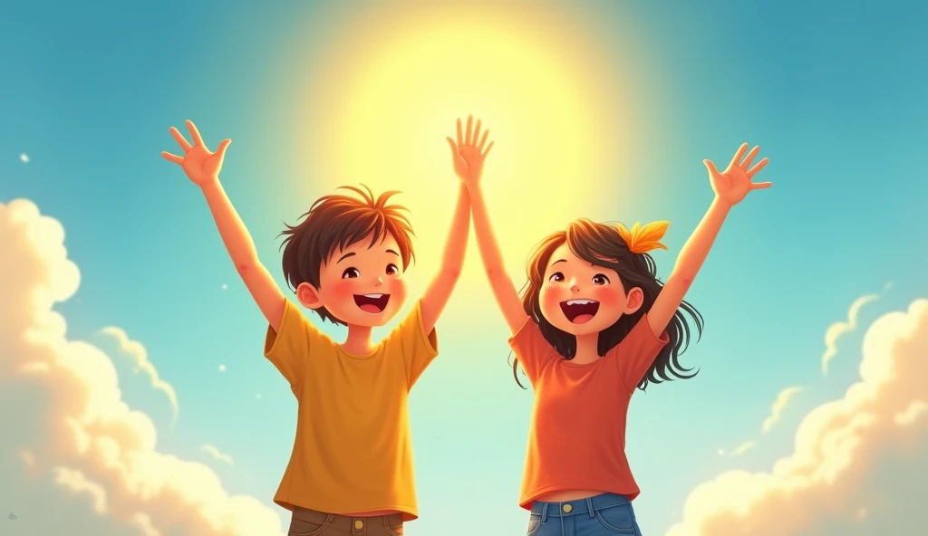 Create an image of two children, a boy and a girl, standing together with their arms raised, symbolizing their connection to the sun and the sky. The background should feature a bright, golden sun shining in a clear blue sky, with soft, white clouds scattered around. The children should be smiling, with one representing the sun, radiating warmth, and the other representing the sky, calm and serene. The overall scene should be warm, uplifting, and convey a sense of unity and friendship.