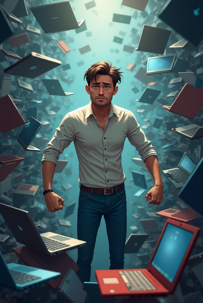 A frustrated person surrounded by multiple laptop options, symbolizing the confusion of choosing the right laptop.