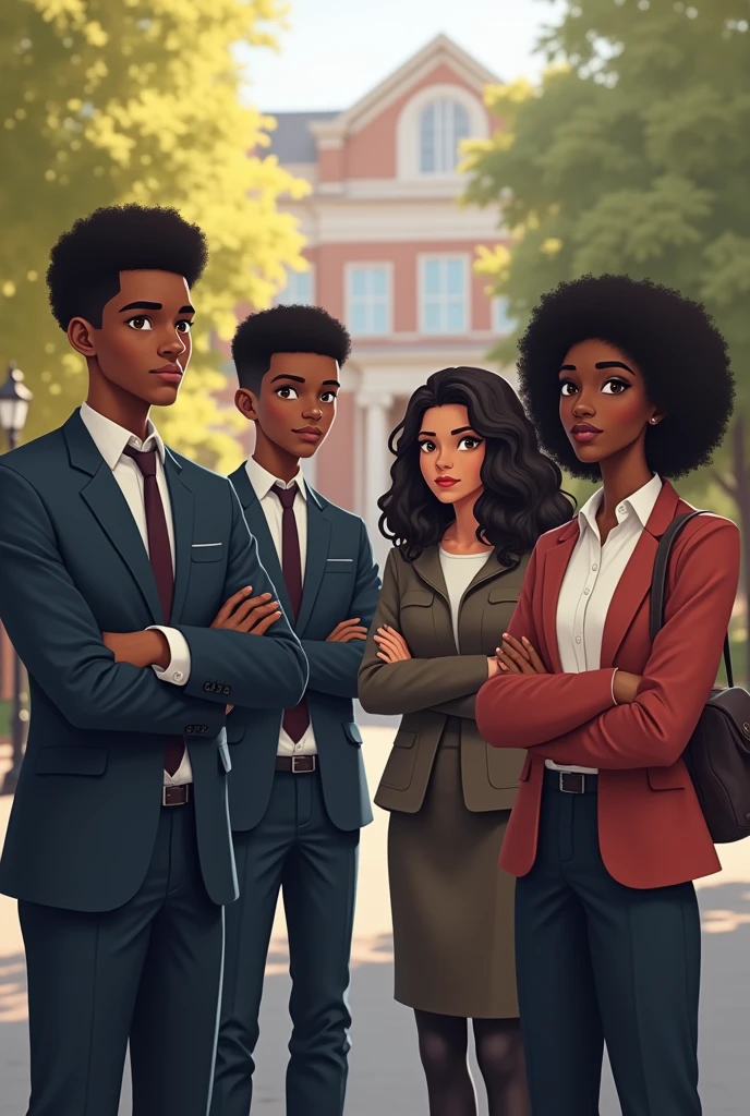 Two mature black boys and two mature black girls in a university background. The two boys are properly dressed. The two girls are properly dressed and crossing their arms.