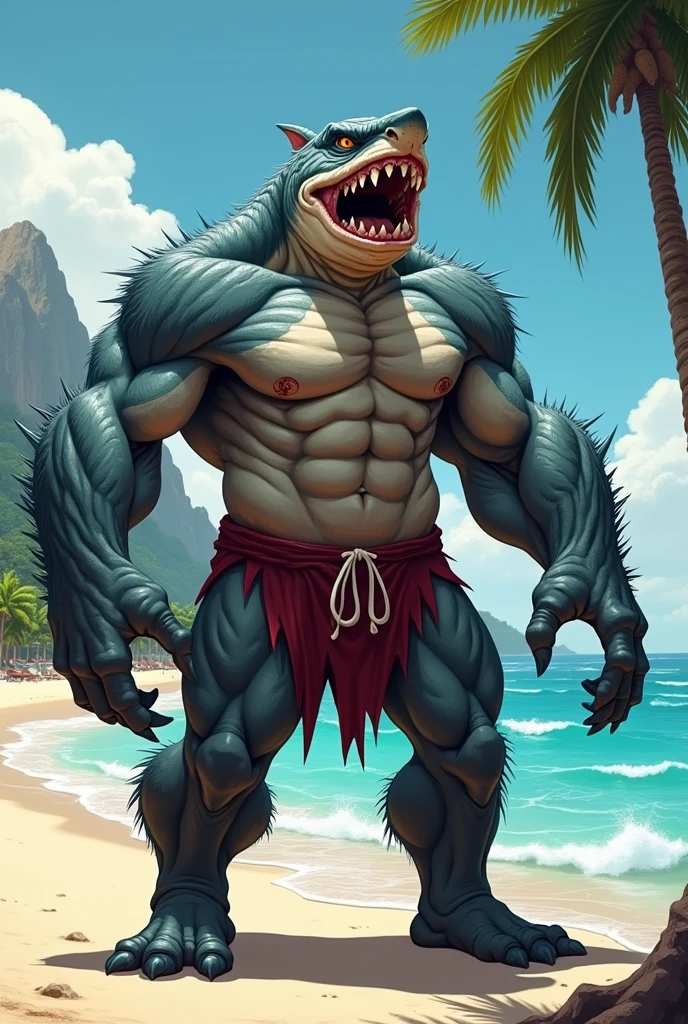 A shark orc. ((Perfect shadow)), (Perfect eyes), (best quality), (Extremely detailed), (Perfect face), (illustration), (Background details), Czech Rom, (High target), big部分, ((Excited body)), (巨big的肌肉), ((Little Brain)), Sharp jaw, (blush), ((巨big的肩膀)), ((巨big的颈部肌肉)), (Long Neck), (巨big的胸肌), Full chest muscles, (更big的二头肌), (巨big的肌肉手臂), (巨big的手), Long fingers, (Veins in the hands), (Bushy腋毛), (Bushy), ((Fur details)), ((Black fur)), ((dark skin)), ((Eight obvious abdominal muscles)), (巨big的腹部), (巨big的腹肌), ((巨big的肌肉小腿)), big翅膀, ((wet)), ((Sweat)), Grin, permanent, Resort background, (Bright sunshine), (Swimming pants), (whole body), big, Shirtless on the beach