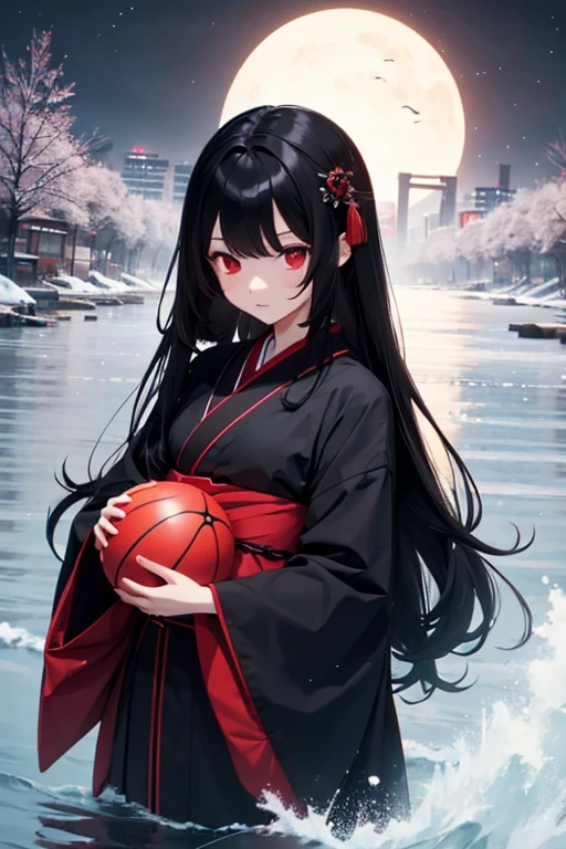 Girl doll, ball jointed, black hair, long hair, red eyes, black kimono, dark night, Sanzu River, fog