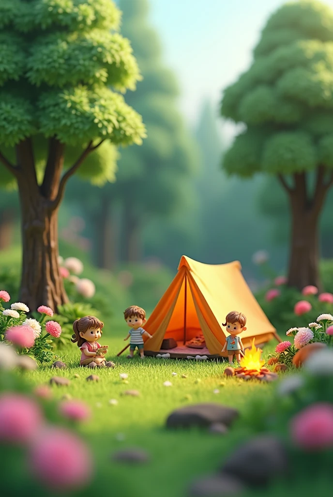 Camping in the forest, a 3D miniature scene of a tent surrounded by pink and white flowers and green trees, with children playing. campfires、The miniature landscape features a green grassland background, with axis shifting photography effects and ultra clear details. The dreamy fantasy realism style scenes are rendered using wide-angle lenses and depth of field, creating an octagonal paper art illustration style with blurred foreground