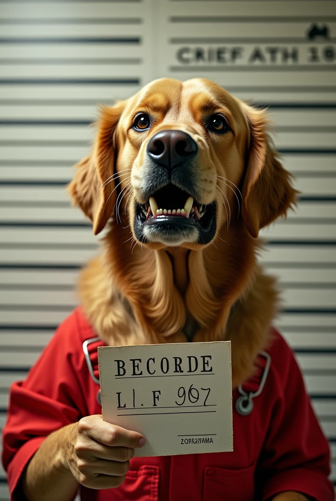 Angry golden retriever in red overalls taking photo sideways holding paper in police mugshot