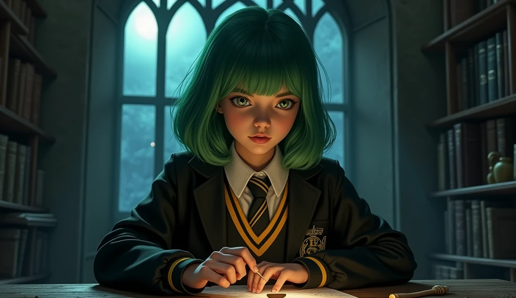 A girl is a student of Hogwarts Hufflepuff. sitting at a table and practicing spells with her magic wand. The girl is dressed in a black school robe and striped tie. Her emerald green hair is styled into a chic layered bob. dark hogwarts evening, night and moon outside the window. the girl has a wooden magic sprig in her hand. a focused expression on her face.
