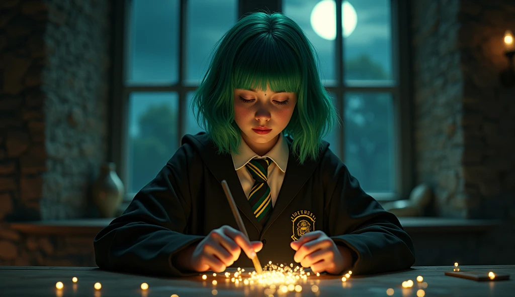 A girl is a student of Hogwarts Hufflepuff. sitting at a table and practicing spells with her magic wand. The girl is dressed in a black school robe and striped tie. Her emerald green hair is styled into a chic layered bob. dark hogwarts evening, night and moon outside the window. the girl has a wooden magic sprig in her hand. a focused expression on her face.