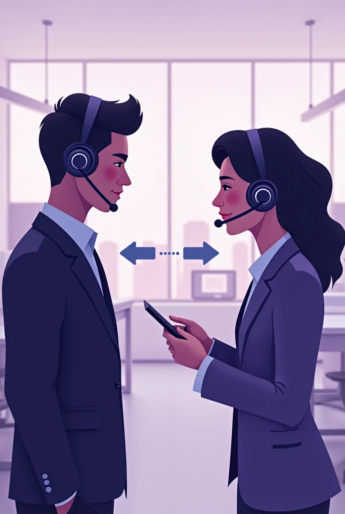 Create visual for 2 people connecting to each other again. Put arrows saying theyre reconnected after 180 days. Violet white theme, half body shot, headset on like call center. Business settings, not too close to each other, put office background