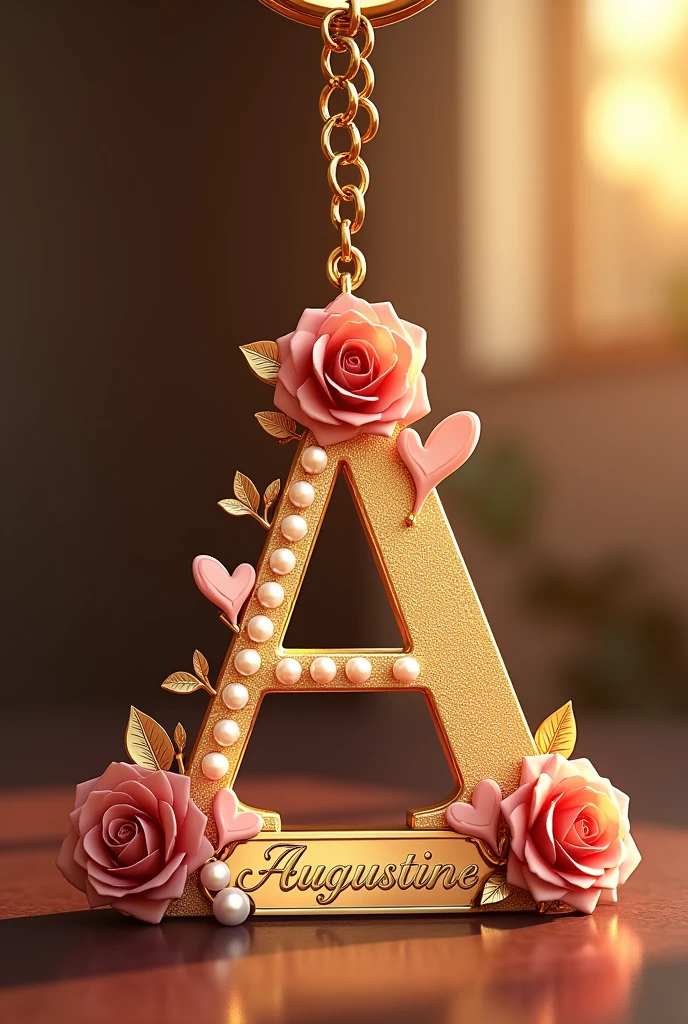 ""Create an intricate design for a keychain featuring the letter 'A' as the central element. The letter should be in a luxurious font, with golden accents and surrounded by small, delicate roses and pearls. Below, add a small plate that says 'AUGUSTINE' in a similar elegant style, with additional small heart decorations around it. The background should be warm, with soft lighting highlighting the details."