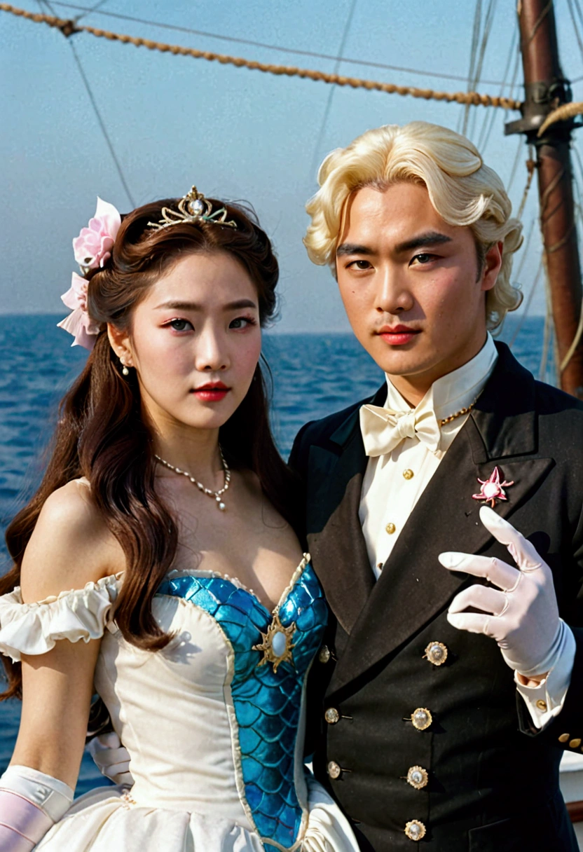 Realistlic photo of dancing couple of Titanic movie 1997 era vintage photo couple between Fictional man as Asian looking South Korean man as Kpop idol as 40 years old and wearing black outfit as France Sun king Louis XVI era outfit and is dancing couple of titanic ship with White European Estonian young adult 2 and 167 cm girl kärt with wearing dyed dull blonde very long thick hair , have arched brown natural eyebrows , have square shaped face , have low cheekbones , have oily skin , have narrow upper lips , have lighted earth blue eyes and is wearing mermaid makeup with blue smokey eyeshadow and pink lipgloss in lips and is wearing White Moon minidress and white gloves