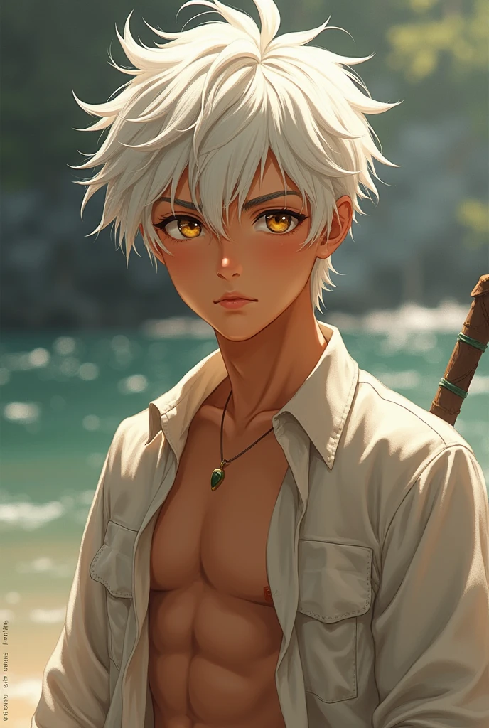 Handsome tanned Japanese boy. Short white messy hair and golden eyes. Standing outside. Beautiful facial features. 
