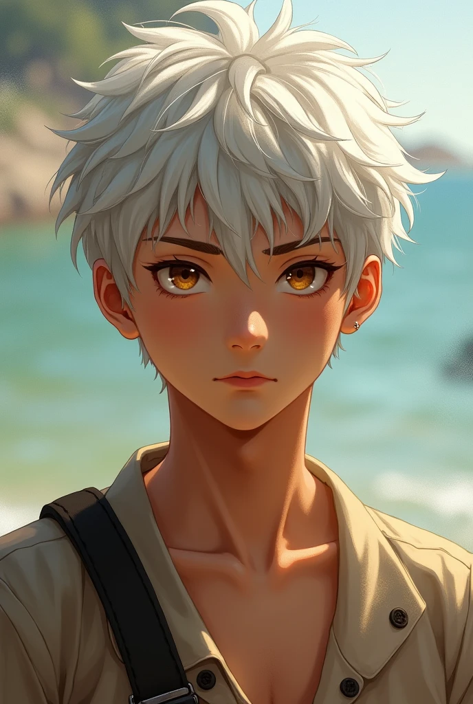 Handsome tanned Japanese boy. Short white messy hair and golden eyes. Standing outside. Beautiful facial features. 