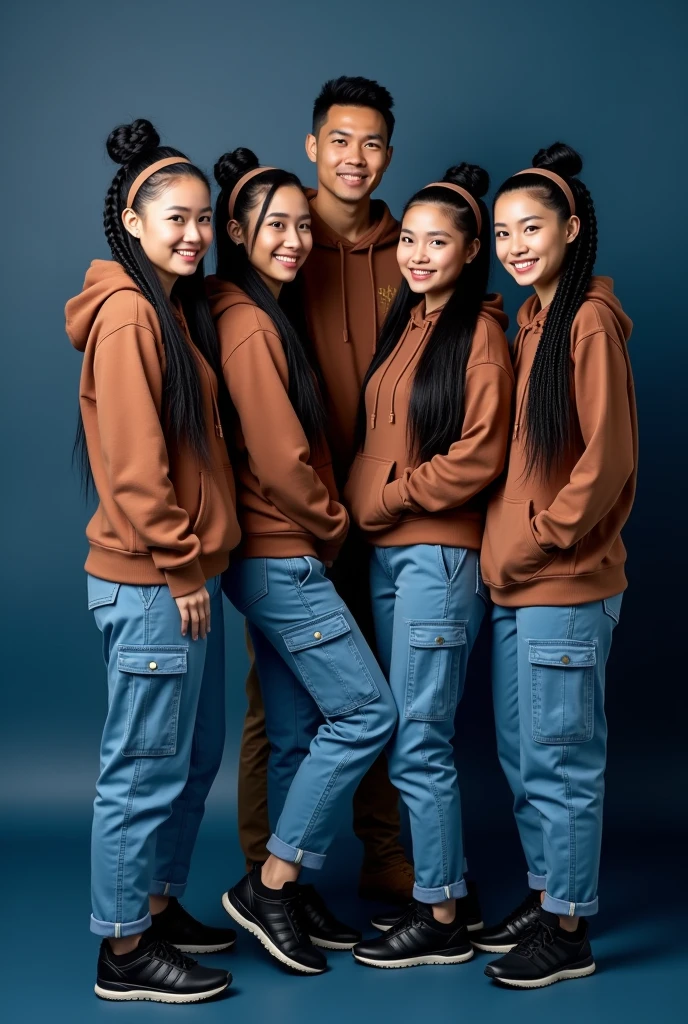 Create a four full body beautiful Thai women's smiling wearing a brown hoodie and blue cargo pants with brown headband and black beautiful adidas shoes, black long braids hairstyles and also 1 handsome man wearing a brown hoodie and blue cargo pants black beautiful shoes standing dark blue background and the background has black written " Team fhyrrah " "admins " looking at the camera. Photography