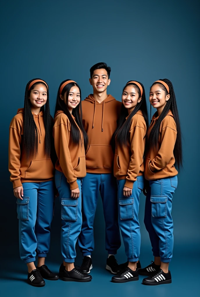 Create a four full body beautiful Thai women's smiling wearing a brown hoodie and blue cargo pants with brown headband and black beautiful adidas shoes, black long braids hairstyles and also 1 handsome man wearing a brown hoodie and blue cargo pants black beautiful shoes standing dark blue background and the background has black written " Team fhyrrah " "admins " looking at the camera. Photography
