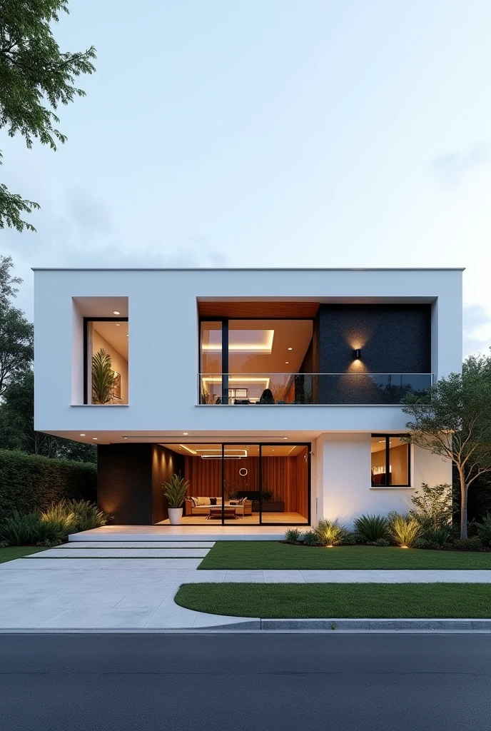 
a view of a modern home with a large front yard, main material by glossy white wall and black stone and wood, 1 road runs in front of the house, (RAW photo, real, best quality, masterpiece:1.2), look morden minimalist, 1 road in front of the house, shime ring light, light brighteness from indoor:1.2, dynamic lighting: 1.3, (hyper realistic, photo-realistic:1.2), high quality, day lighht, hight contrast :0.5 perfect lighting, archdaily, award winning contemporary, contemporary masterpiece
