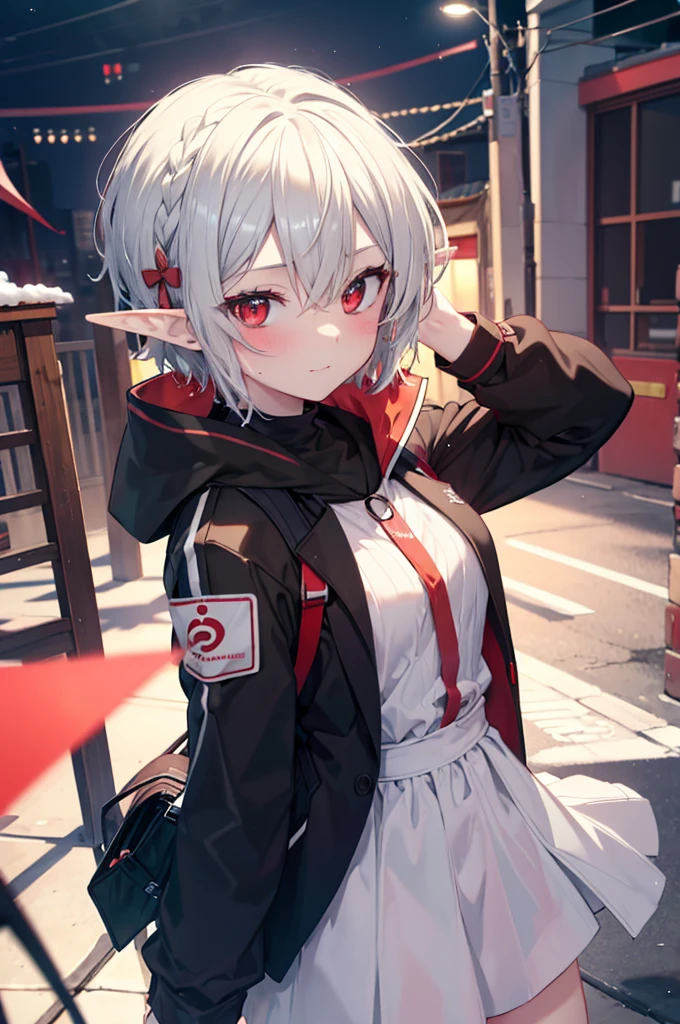 anime, anime style, UHD, masterpiece, accurate, anatomically correct, textured skin, high details, high quality, award winning, best quality, highres, 4K, anime girl, grey hair, red eyes, seductive, elf ears, short hair, short hair, dynamic pose, full body, [warfarin arknigth], blush, embrassed, jacket, on date, pov date, cafe, looking at viewer, happy