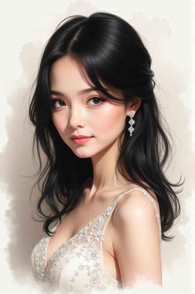 Drawing of a bridesmaid with straight black hair