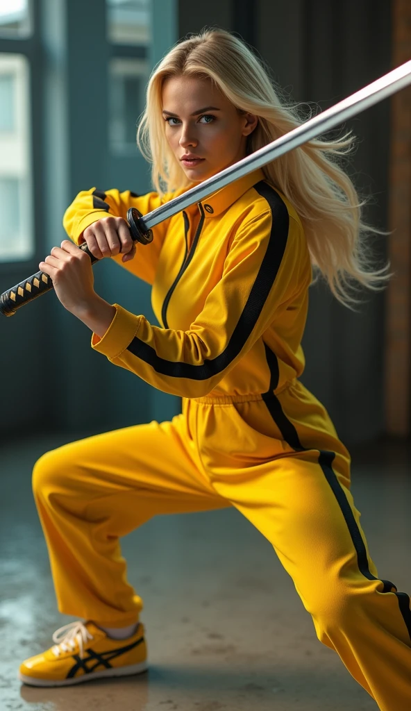 Super realistic, Cinema 4D rendering, wide shot, 1 lady, blonde long hair, blue eyes, yellow jumpsuit with black lines on the sides, Yellow sneakers with the black Onitsuka Tiger brand mark, battoujutsu stance, clench the hilt of a katana anatomically correctly, glaring at the viewer, Uma Thurman, KILL BILL, indoor, bokeh effect, depth of field, hyper Realistic, Professional photography, Cinema Lighting