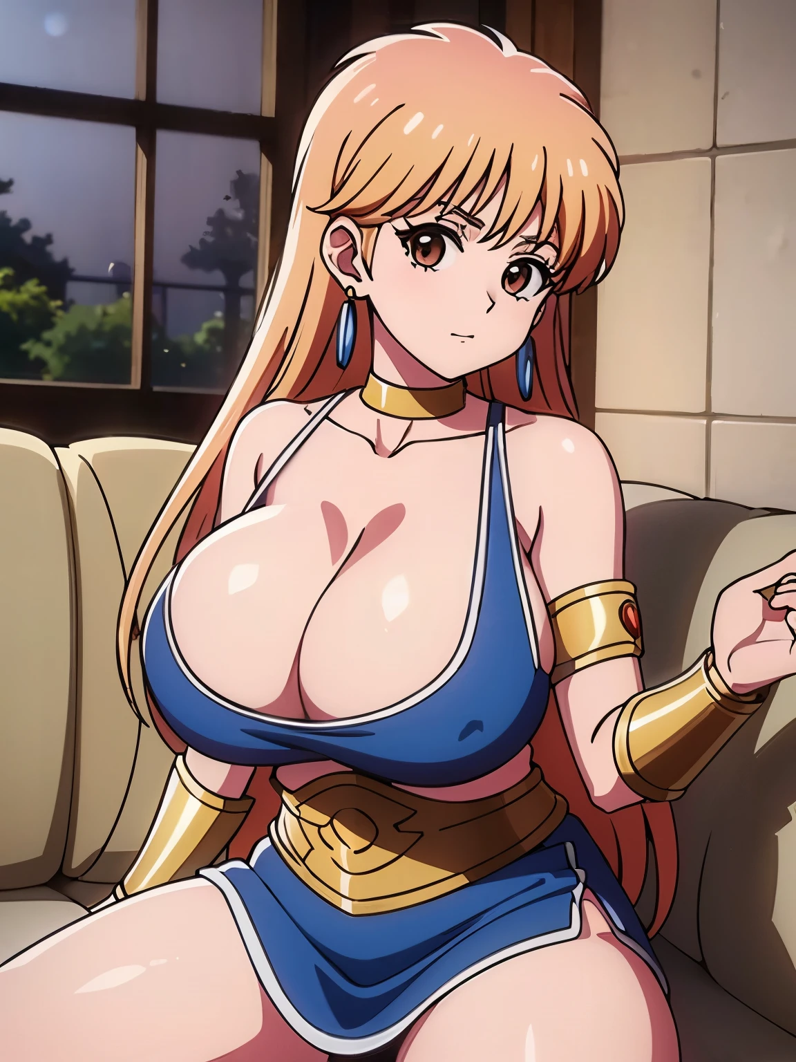 (masterpiece, highest quality:1.2), Ultra-high resolution), RAW Photos, Professional Lighting, Cinema Lighting, (1 girl), Leona, Dragon Quest:dai no daibouken, (blonde, Long Hair, Brown eyes, string tiara, hair ornaments, bangs), (brass Circlet, choker, Earrings, sexy chain mail dress:2.0, Golden collar, golden bracelet, earrings), (((ultra large natural breasts, Super huge tits, Super huge boob, Super huge cleavages))), (ultra realistic & detailed interior of medieval wooden motel in the village, bed, dark atmosphere, night, moon view via window, candle), (Ultra Slim Waist, Ultra slim model body style), Highly detailed face, Highly detailed eyes, standing, full body shot, (sitting on couch, spreading legs widely to viewer:1.5), 