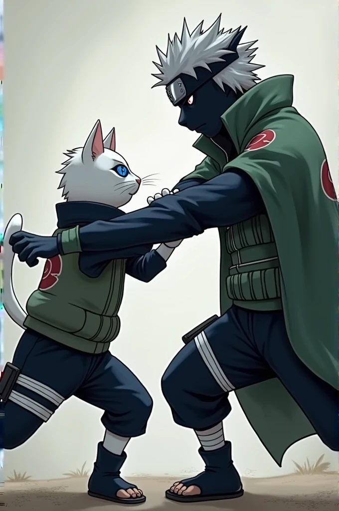 A white cat with Kakashi's mask and blue Sharingan ,fighting a black dog dressed in a green Akatsuki cloak