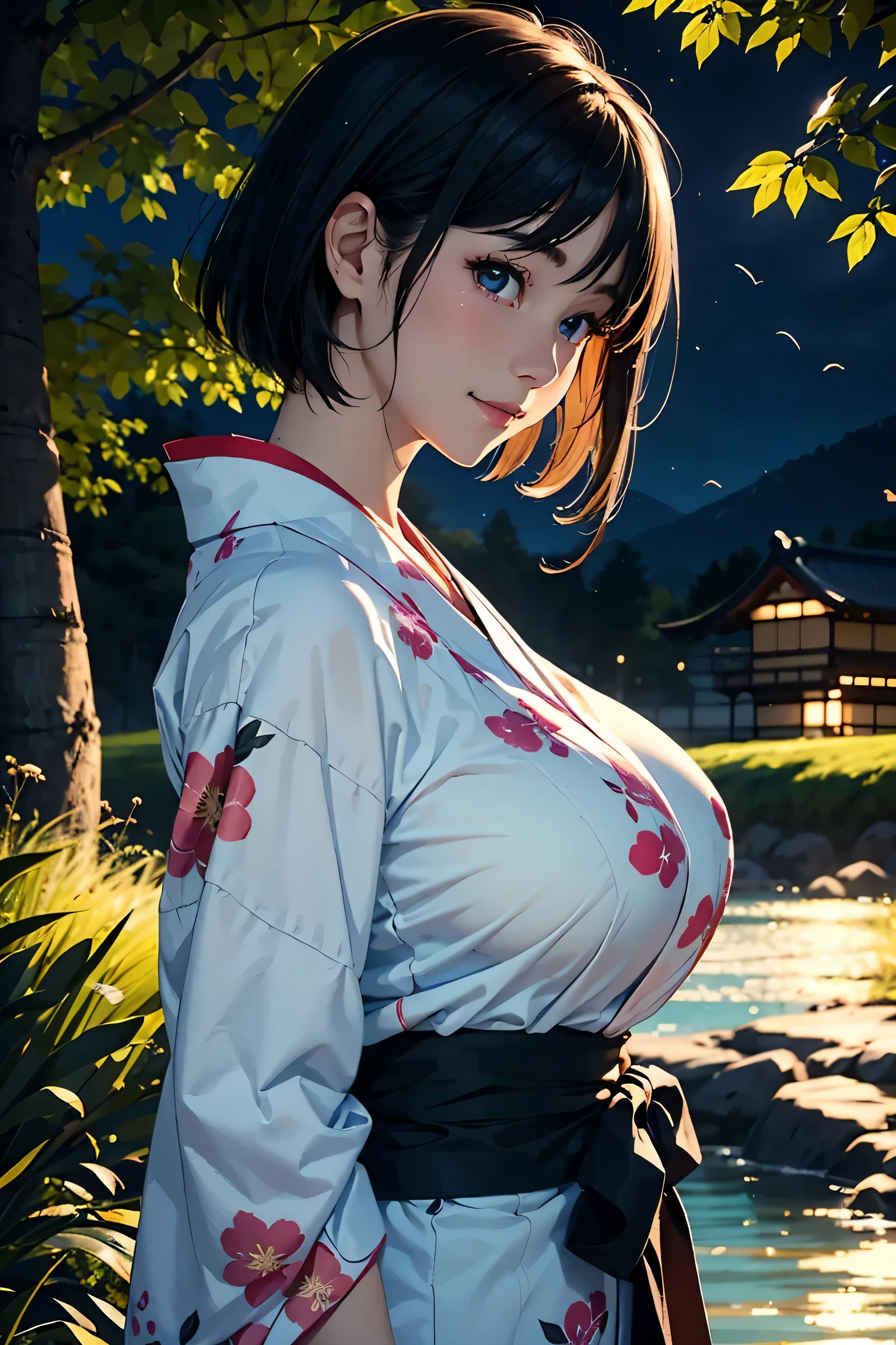 (masterpiece:1.2, Highest quality), (Realistic photos), Beautiful illustrations, (Natural side lighting, Cinema lighting),(1 girl), Japanese, 20-year-old female, Perfect Face, Symmetrical cute face, Glowing Skin、Black short bob、Dark blue eyes, (Huge breasts:1.1), Slender build、Beautiful Hair, Beautiful Face, Fine and beautiful eyes, Beautiful body, Beautiful breasts,(Floral Yukata),smile、Blushing、profile、whole body、river、firefly、night、Grassland