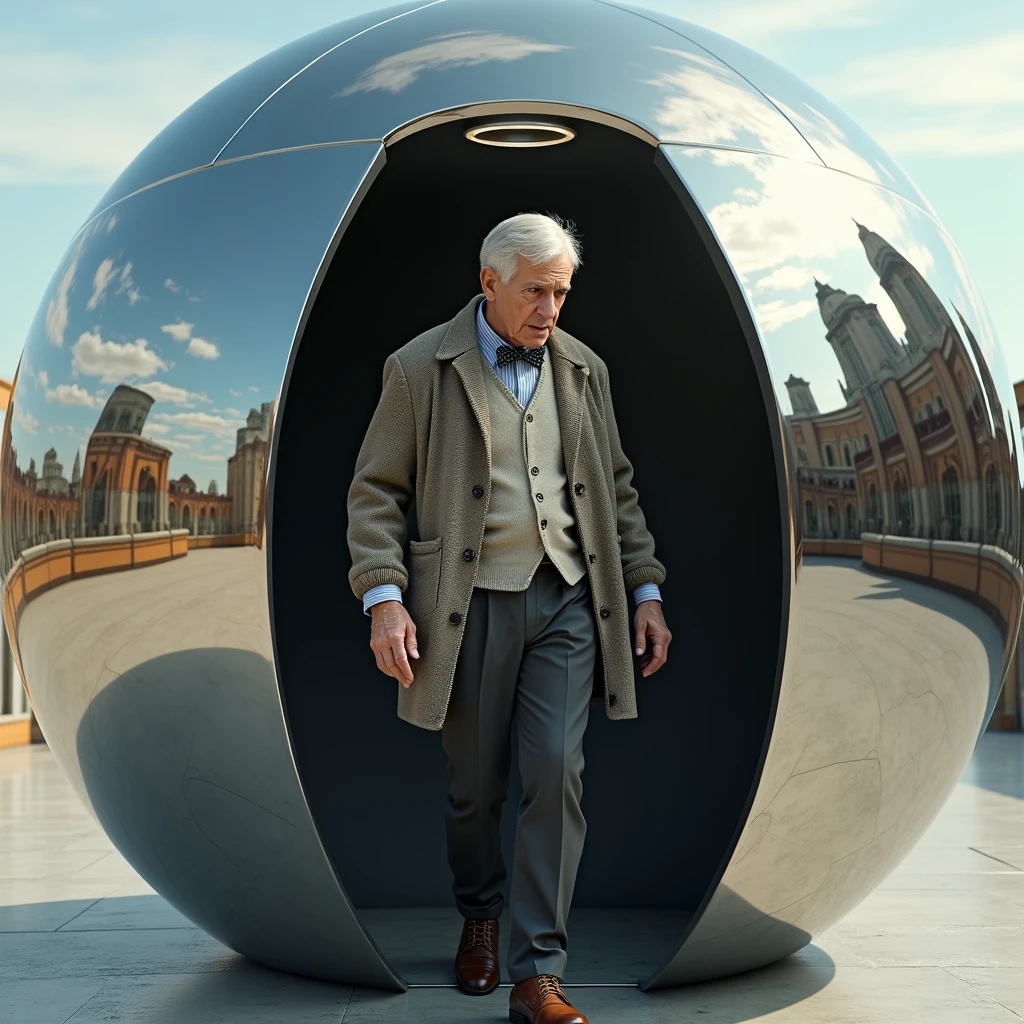 old man, cardigan sweater, bow tie, dark pants, brown shoes, stepping out of a huge mirrored sphere, photo realistic