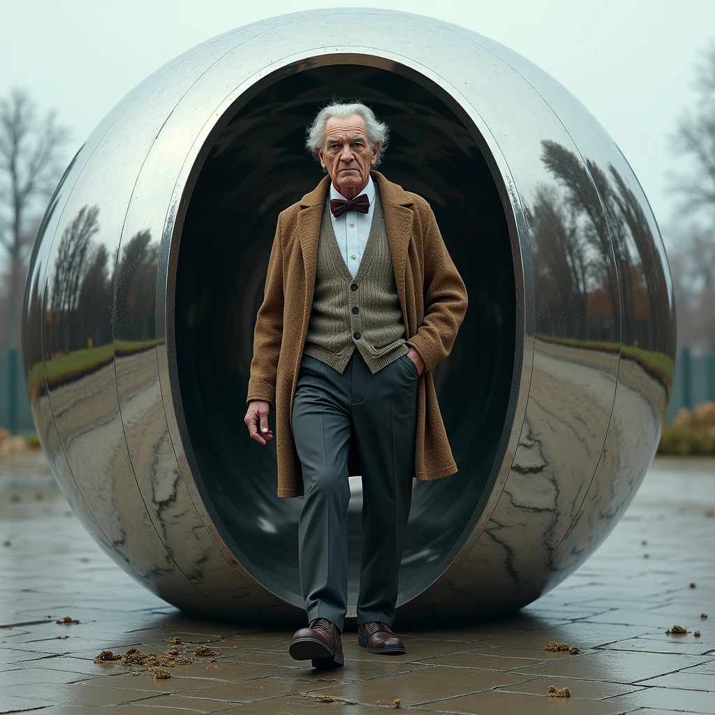 old man, cardigan sweater, bow tie, dark pants, brown shoes, stepping out of a huge mirrored sphere, photo realistic