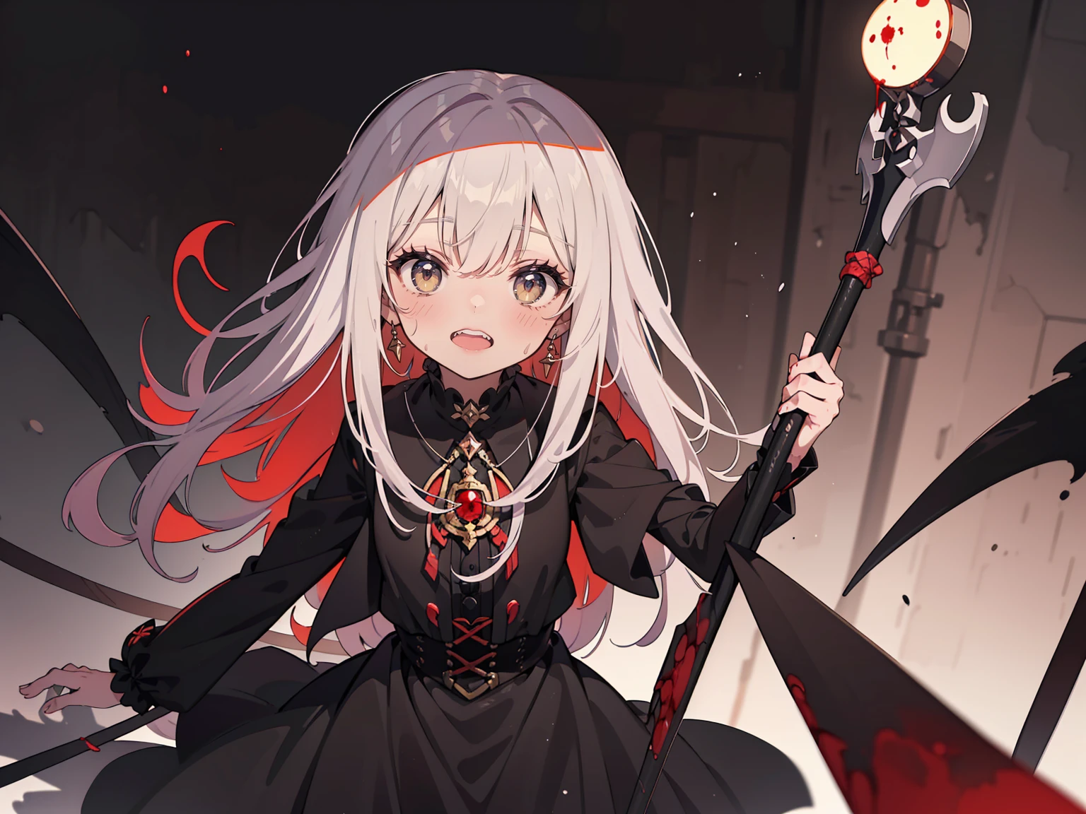 shaded face　、Holding a weapon、Looking at the viewers with a frightening expression、beautiful girl、とてもcute天使、Pink Gothic Fashion、cute、Baby Face、smile、Long skirt、Black long boots、.(Highest quality,4K,High resolution,masterpiece:1.2),Very detailed,Realistic:1.37,Spooky altar background,Dark fantasy,Red color scheme,Ominous atmosphere,Eye-catching,Storytelling,anatomy,Anime Style,Concept Art,beautiful細部までこだわった顔と (((Red eyes ))),A terrifying ritual ,Satanic Ritual,Premature death,inappropriate behavior,クレイジーなsmile,Scythe Face,Girl Monster, beautiful, Delicate facial features, Sharp Eye, Sharp Fangs, pale skin, Dark Background, Cinema Lighting, Dramatic Shadows, Gothic style, Gloomy atmosphere, Dark fantasy, one person&#39;s, Please open your mouth wide, Open your mouth and baring your teeth,Sharp teeth like a beast, Wide lips, very wide mouth, Vermilion cheeks, ,(Blood splatter:1.4),Scary smile, smile,Angel Design, Twisted smile、Bloody、bleeding from the head,,,,,、Blood splatter、,(Blood splatter:1.4),skull,Demon Spear,Horror Style, ((Fantasy Sweet Ta Frill Pink Costume)), ((Flowing blonde hair)), ,(Blood splatter:1.4),Female curves, Sexy flat stomach, Perfect hands, Perfect anime face, (Pink Tata Dress)), Are standing, ((邪悪なsmile)), ,(Blood splatter:1.4), Steam circulates, Moonlight Illumination, night lighting, (Blood splatter:1.6),アニメAngel Design, Twisted smile、Bloody、bleeding from the head,,,,,、Blood splatter、,(Blood splatter:1.4), skull,Gothic architecture、Western architecture、Fantasy World、,Victorian cities, Skeleton Gas Light,Absurd, High resolution、 ((Tabletop)), ((Highest quality)), (Very detailedな), ((Very detailed)), (beautiful), ((cute)), (NFSW:1.8), alone,(:1.6)、(world&#39;The most terrifying and creepy demon girl:1.5)beautiful face、Whole Body Ezbian、pale, beautiful肌、beautiful金の髪、優しくsmileむ、Dark building ruins、(snow white&#39;Frill dress:1.3)、(The dark ruins are stained with blood:1.3)、Low angle full body shot、(少女は血の海の中にAre standing:1.5)、(The ground is full of blood:1.3)、(The girl lost a lot of blood....:1.3)、(クレイジーなsmile:1.6)、Spirits、(Blood dripping from the mouth:1.3)、
