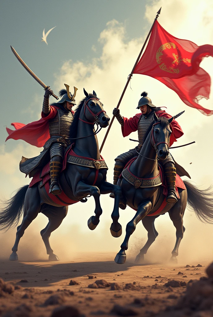 A cavalry battle between a samurai with a long sword and a samurai with a red spear