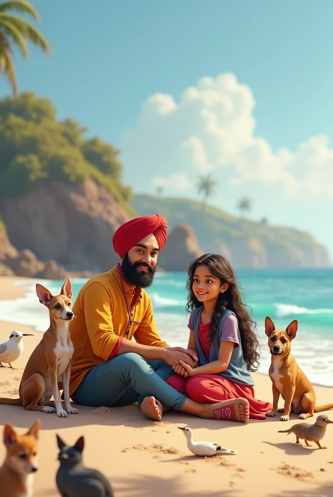 Girl and punjabi Guy sitting at the beach in uk with dog aside and more many animals