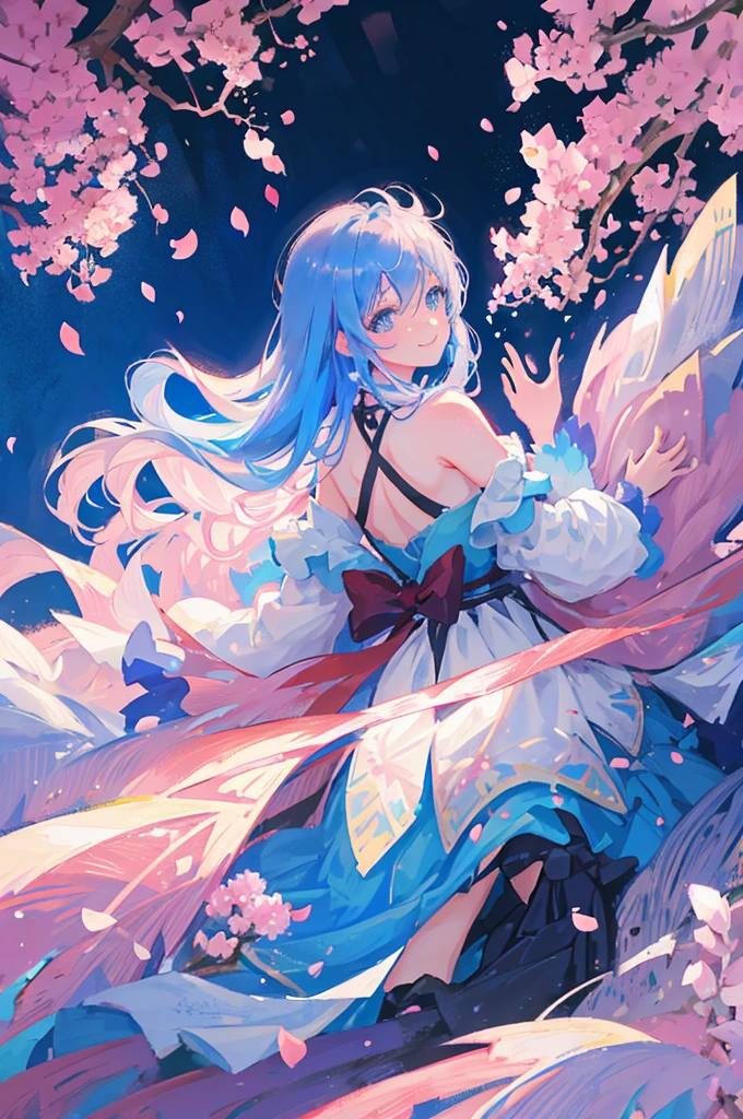 The back of a young girl with long blue hair, blue eyes, wearing a gorgeous princess dress, smiling face, surrounded by cherry blossom petals flying in the wind, magical and shimmering colors, magical and sparkling effects, panoramic view from afar