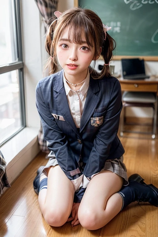 (((Kamimei、Low Twintails、Embarrassing、red blush、Embarrassing、Teaching Mouth))),(((((Navy School Blazer、Grey checked skirt))))),(small 、Estrus、I、cute bra、cute panties、cute 、cute Camel Toe、Panties are wet、スカートの裂けeye、I showing my panties、Turtleneck sweater、Sleeveless、High heels),((On a university campus))、Tabletop, One Girl, Highest quality, Super detailed, (Shiny), (small)、(((with blush cheeks,))),Ray Tracing,Perfect lighting, (Milky skin:1.2),reflection, look up_in_Audience, blush, ribbon, yellow_eye, White choker, Two cute beautiful girls from Japan、small ribbons in the hair、Contrast legs