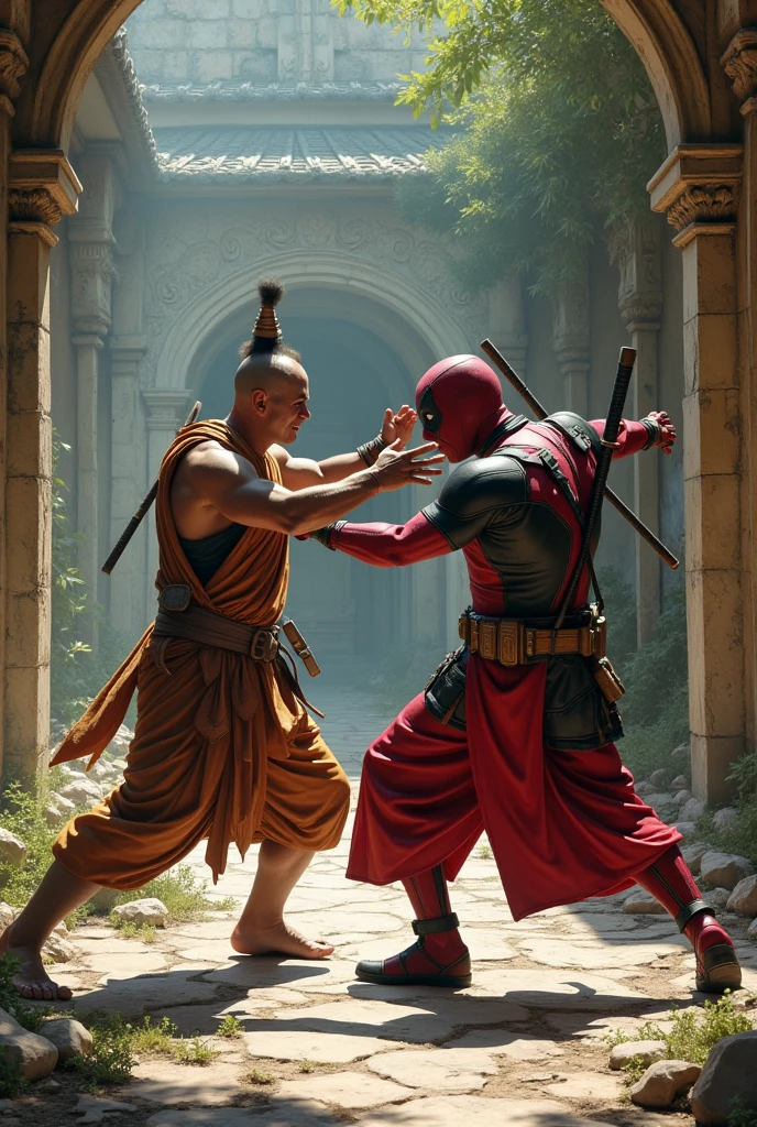 Deadpool fight with Thai monk in broken Thai temple