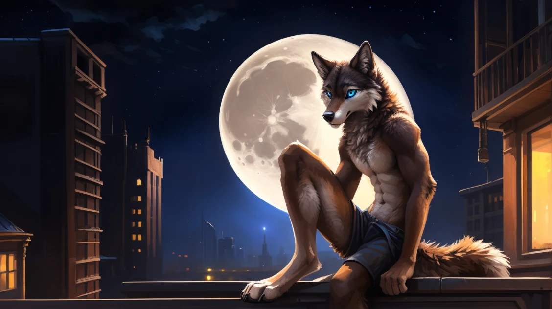 ((Solo)), male people, anthro wolf, (Multi-colored fur, White-brown:1.3), ((Wolf face, Big eyes, White eyelids, Blue pupil, Slim:1.2) (Tough, Calm expression:1.2)), (Height 2.1 meters,Tail length 1.5m), Abs, Slim, pinging, (Correct anatomy), (Contour bone:1.2), The upper body is naked, (detailed outfits), a long large tail,Feet,(Realistic fur, Detailed fur texture, labeled:1.3)), (Natural lighting), Photorealistic, Hyperrealistic, ultradetailed, by Kenket,In the modern city,Roof,the night,Sit alone,Look at the full moon,It was dark,Starry
