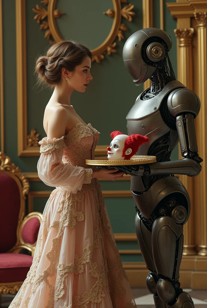 Beautiful woman in baroque dress, in a baroque room, A humanoid robot hands him a tray with a clown&#39;s head on it. A fox next to the woman 