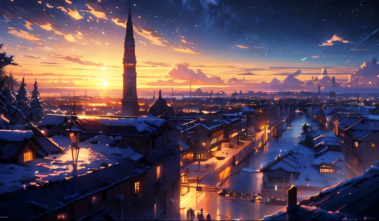 masterpiece, Concept Art,  Station on a rainy night, Detailed Matte Painting, by makoto shinkai, Featured on pixiv, Photorealism, night starry sky full of cats, Watching the sunset. anime, Wallop HDR, From Arknights, Widescreen, White snow, ( ( Thomas Kinkade ) ), Arstatiom, 'End, very long