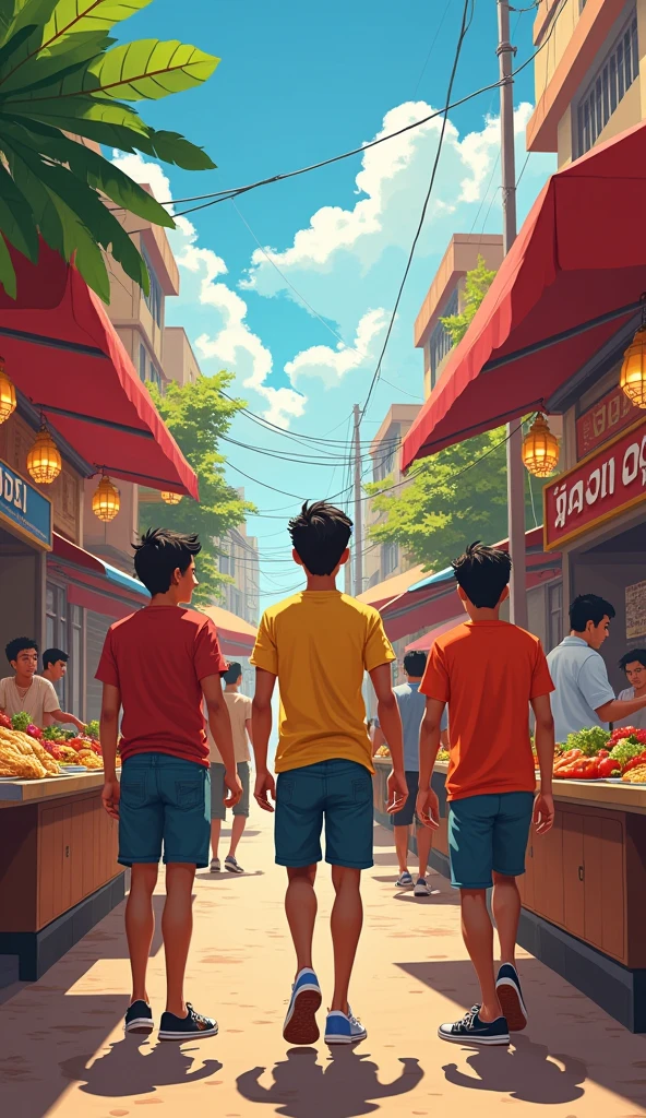 *Street Food Adventure**:
- Ashok, Gautam, and Ramen sampling various street food items at busy Thai food stalls. The scene is bustling with vibrant colors and food variety.
Three male friends