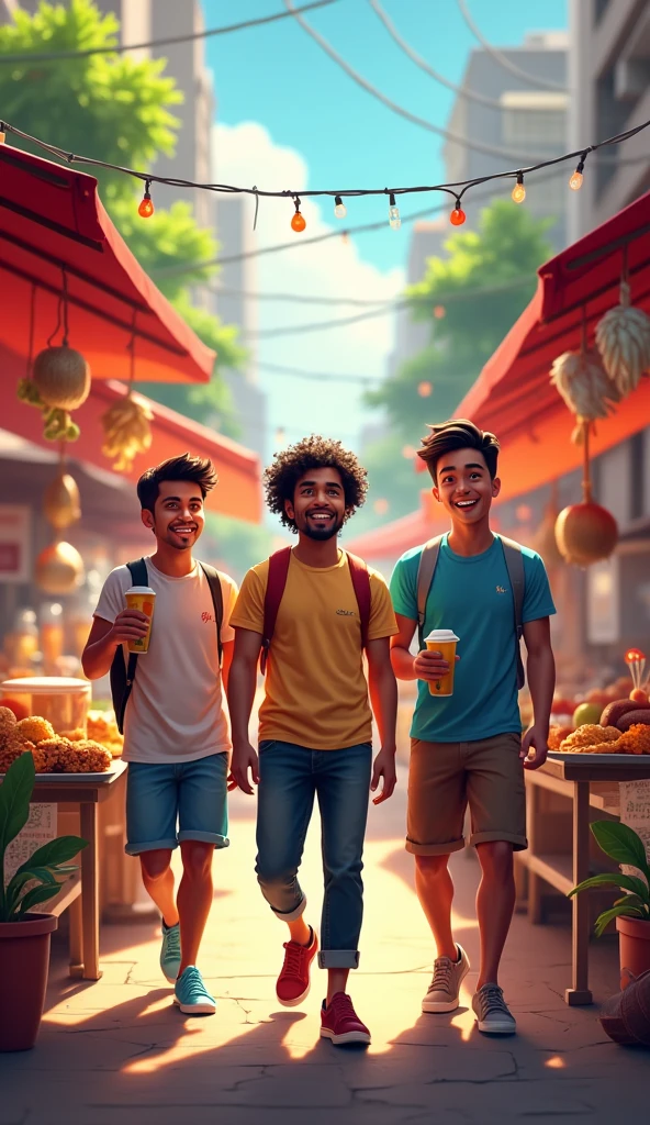 *Street Food Adventure**:
- Ashok, Gautam, and Ramen sampling various street food items at busy Thai food stalls. The scene is bustling with vibrant colors and food variety.
Three male friends