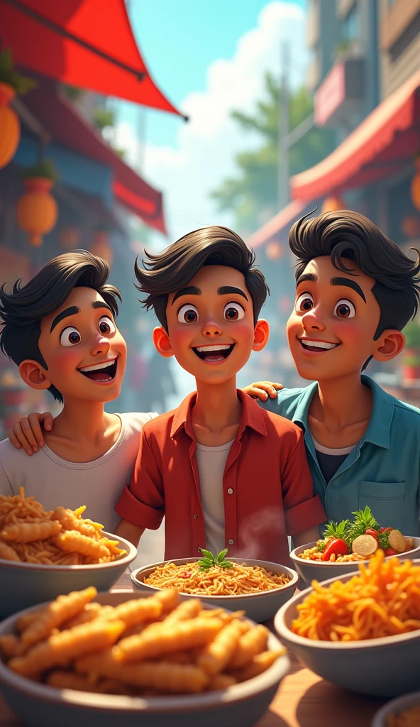 *Street Food Adventure**:
- Ashok, Gautam, and Ramen sampling various street food items at busy Thai food stalls. The scene is bustling with vibrant colors and food variety.
Three male friends