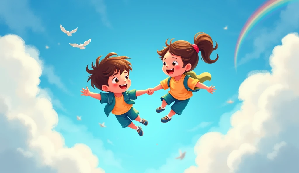Create an image of two children, a boy and a girl, flying high in the sky, hand in hand. They are surrounded by fluffy white clouds with a bright, blue sky in the background. The children have joyful expressions, as they soar through the air, symbolizing their strong friendship. They should be dressed in vibrant, casual clothes, and the image should feel light, uplifting, and full of adventure. Include subtle elements like birds or a rainbow to enhance the sense of wonder and togetherness.