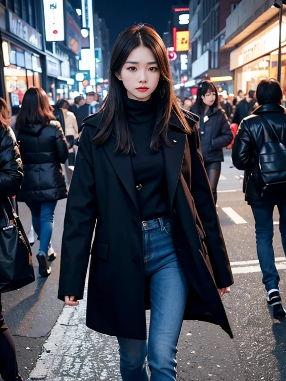 Night Street Corner。In the crowd、A woman wearing a black coat and denim。