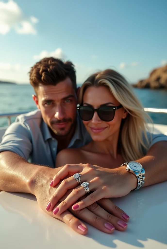 (Photorealism:1.1) a couple man dark brown hair and brown eyes together with a woman blonde green eyes long hair  in dentro de um yatch usando óculos Rayban e um IWC portuguese e os dois usando aliança de casamento e ele com solitário de diamante 8k ultra realistic super detailed