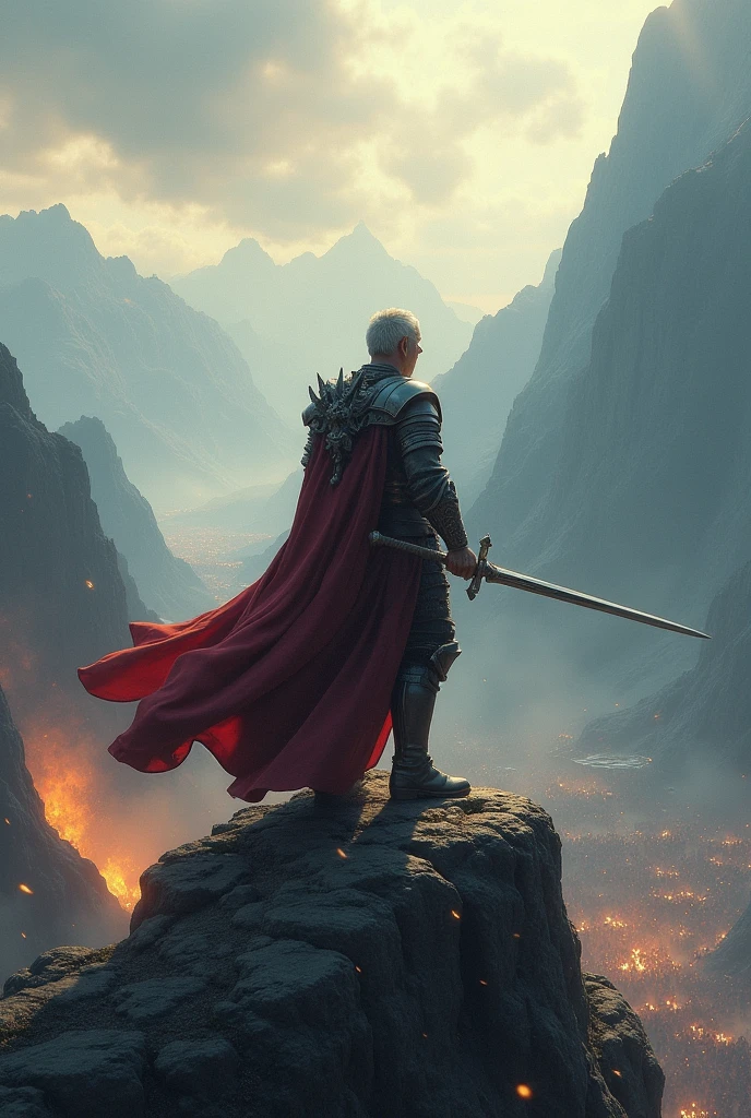 A man with a sword in his hand who looks at the battle from the top of the mountain and wins